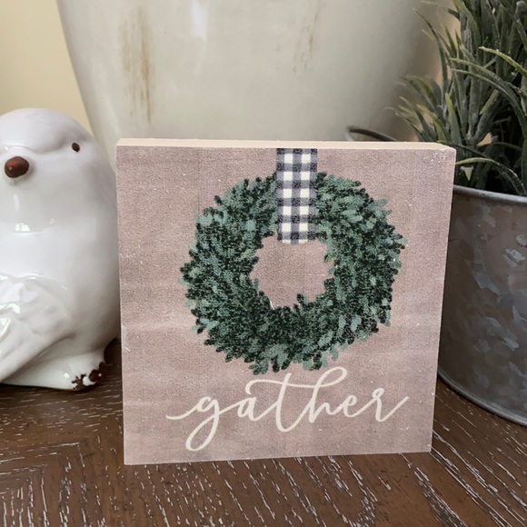 Farmhouse Buffalo Check Wreath Gather Wood Sign - Picture 3 of 7